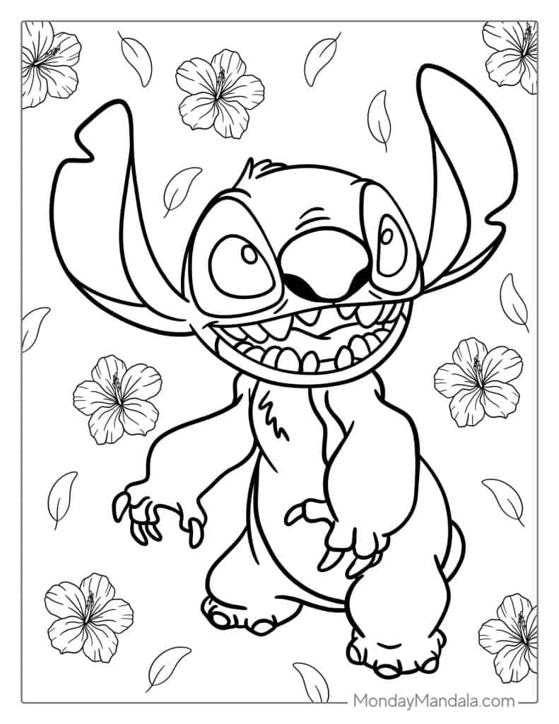 Simple Outline Of Stitch With Flowers To Color