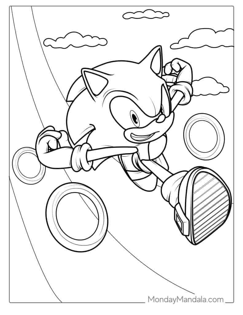 Sonic Running Through Rings Coloring Sheet