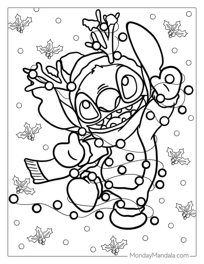 Stitch Tangled In Christmas Lights Coloring Page