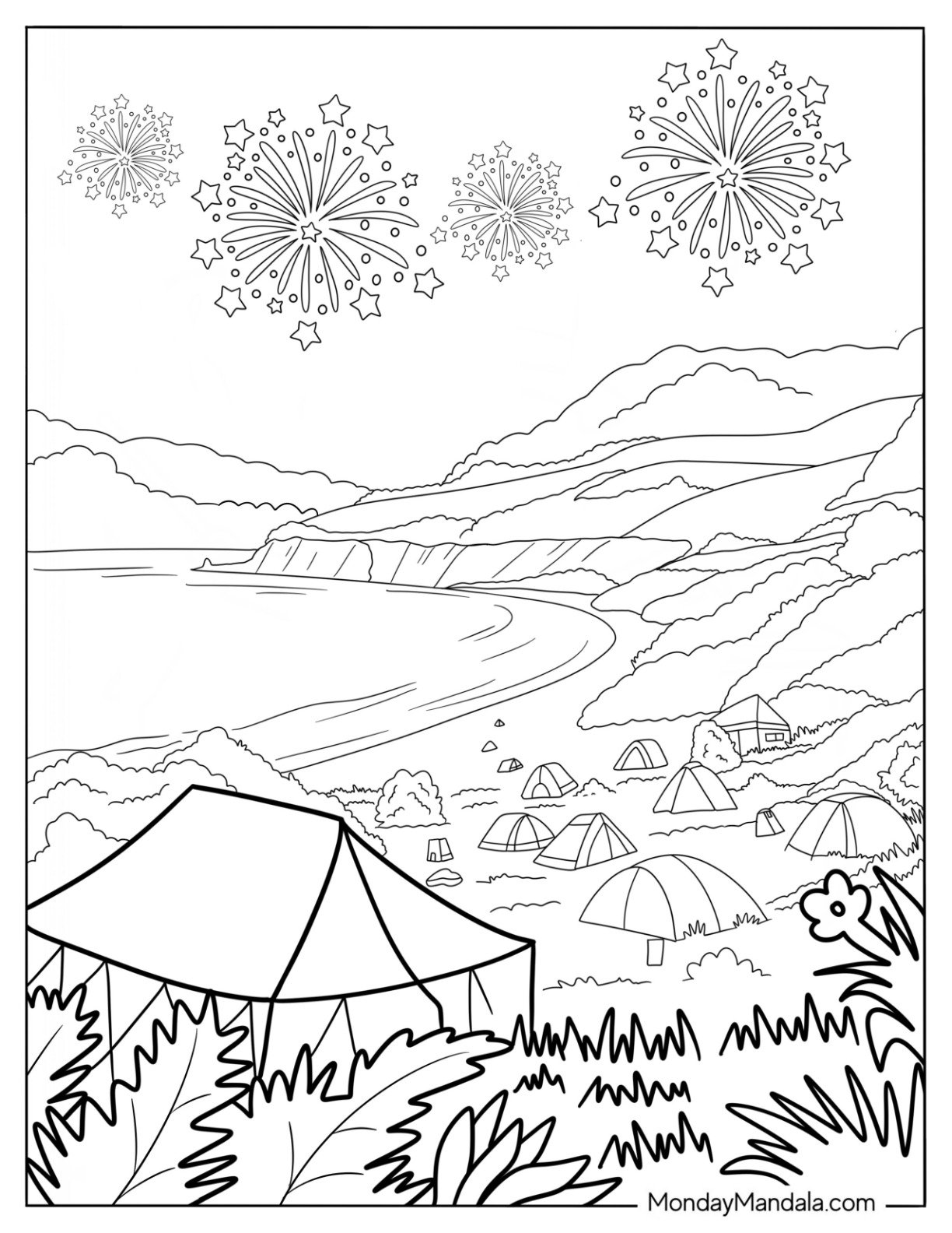 Summer Coloring Page Of Beach Camping With Fireworks In The Sky