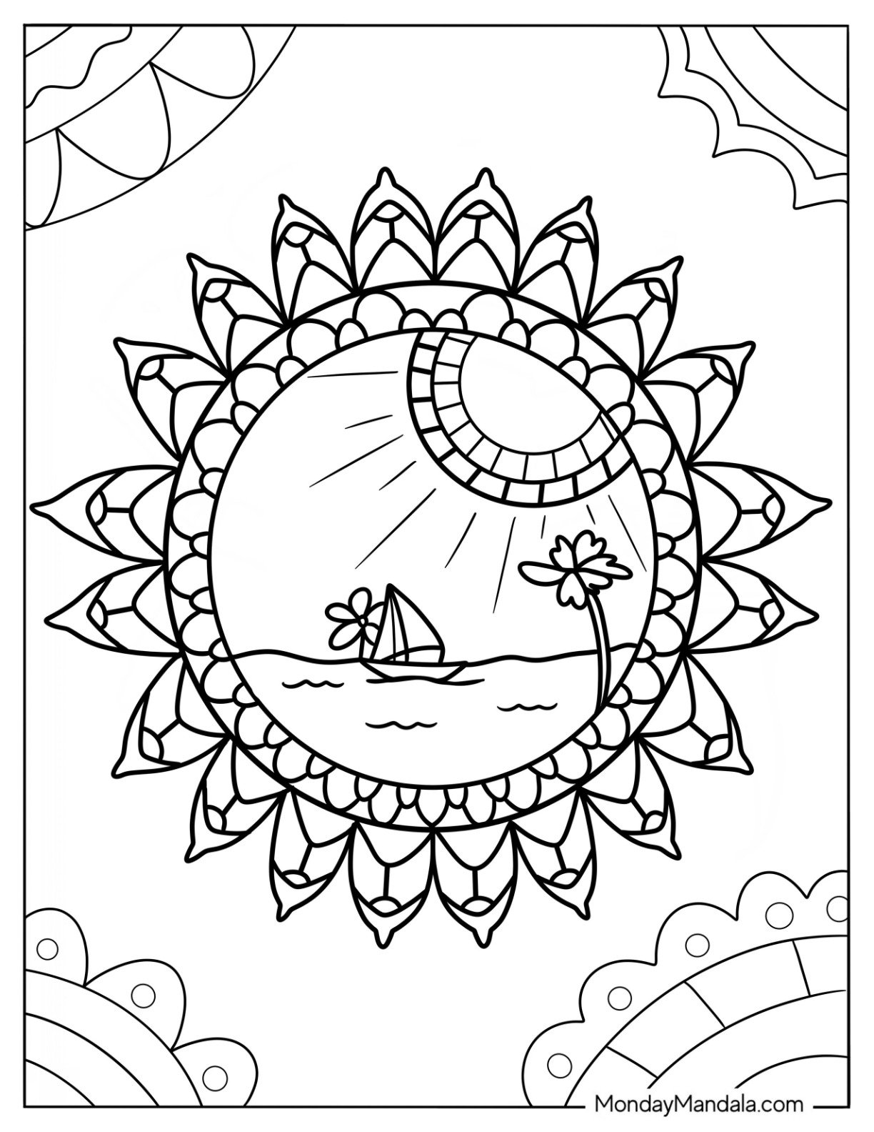Summer Coloring Page Of Beach Landscape Mandala