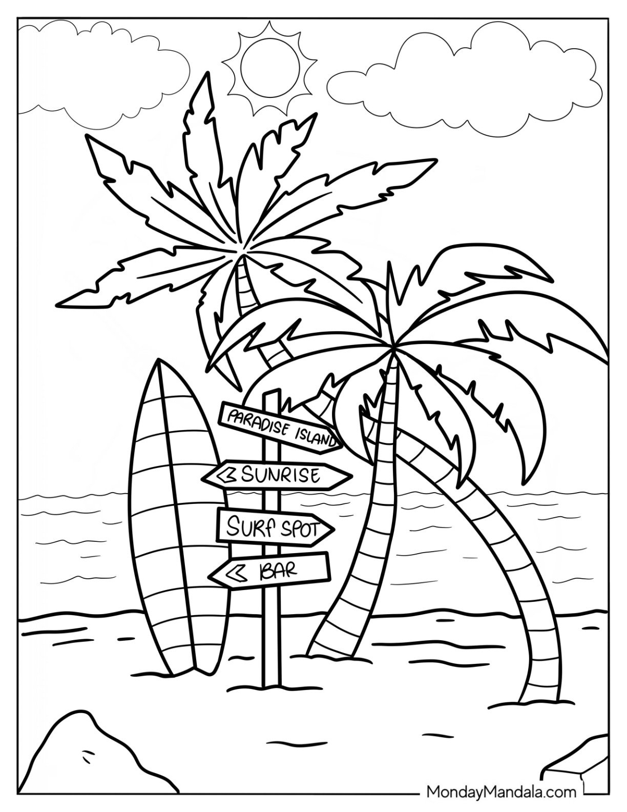 Summer Coloring Page Of Beach Scene With Road Sign, Palm Trees, And Surf Board