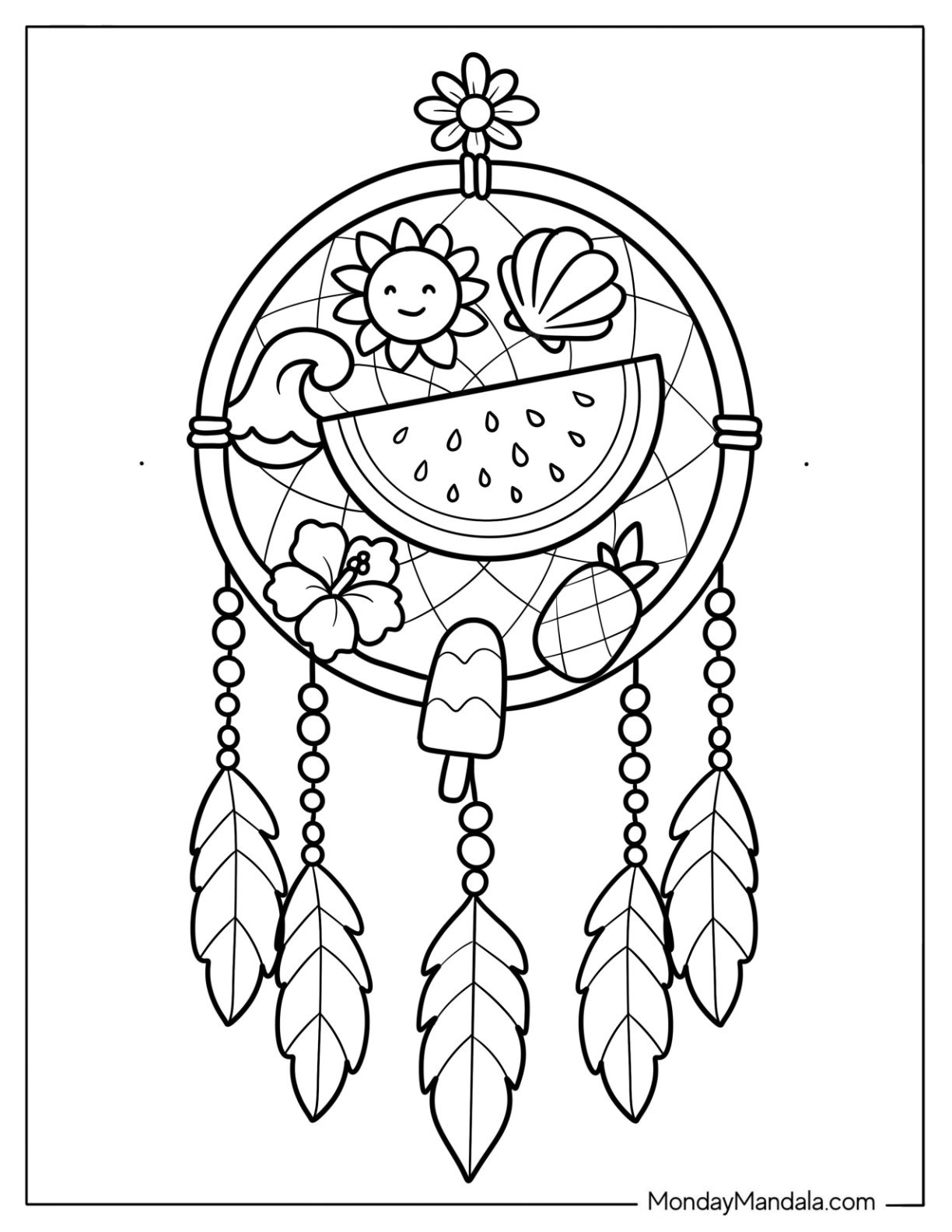 Summer Coloring Page of Dreamcatcher with Watermelon, Sunshine, and Tropical Charms for Kids