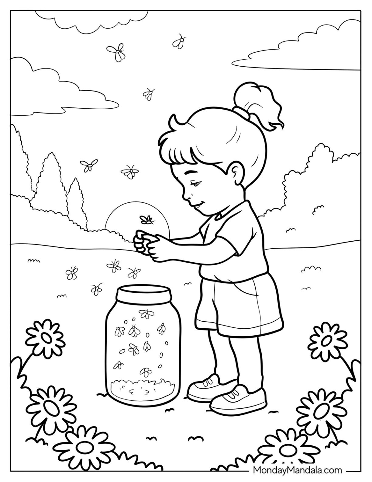 Summer Coloring Page Evening with Child Playing Among Flowers and Fireflies