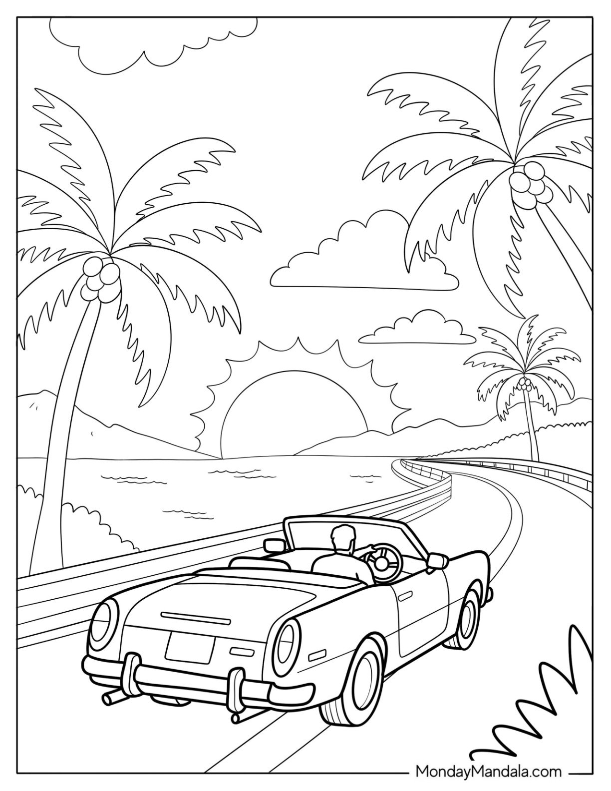 Summer Coloring Page of Road Trip in a Convertible by the Ocean at Sunset