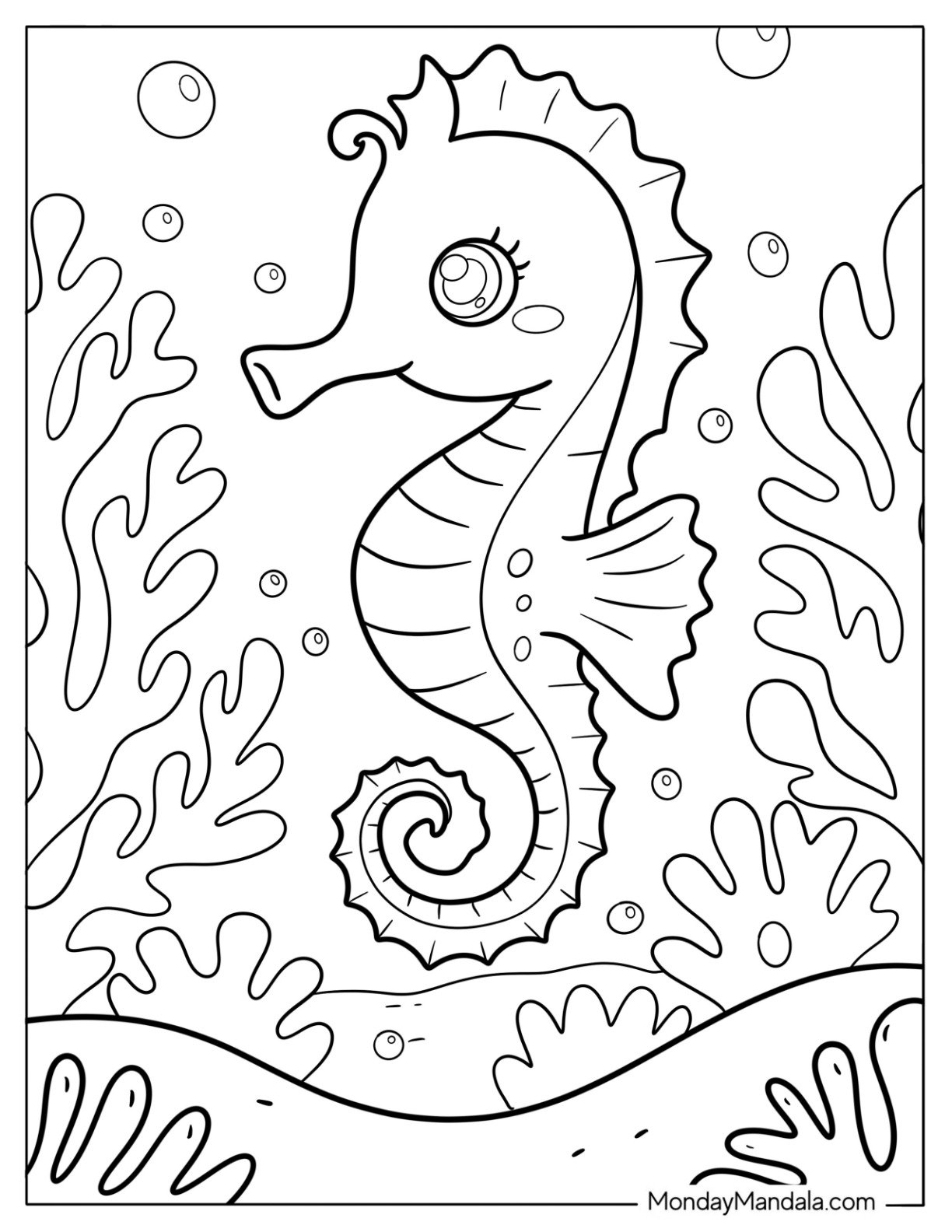 Summer Coloring Page of Seahorse Surrounded by Coral and Bubbles for Kids