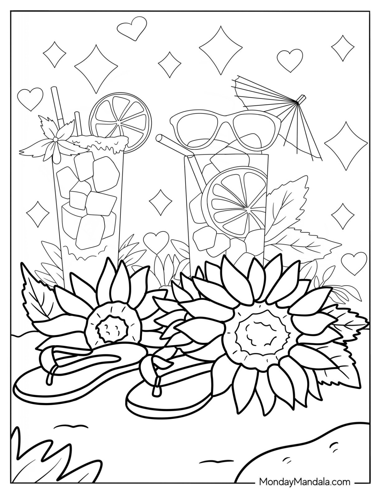 Summer Coloring Page Of Sunflower, Flip Flops, And Cocktails