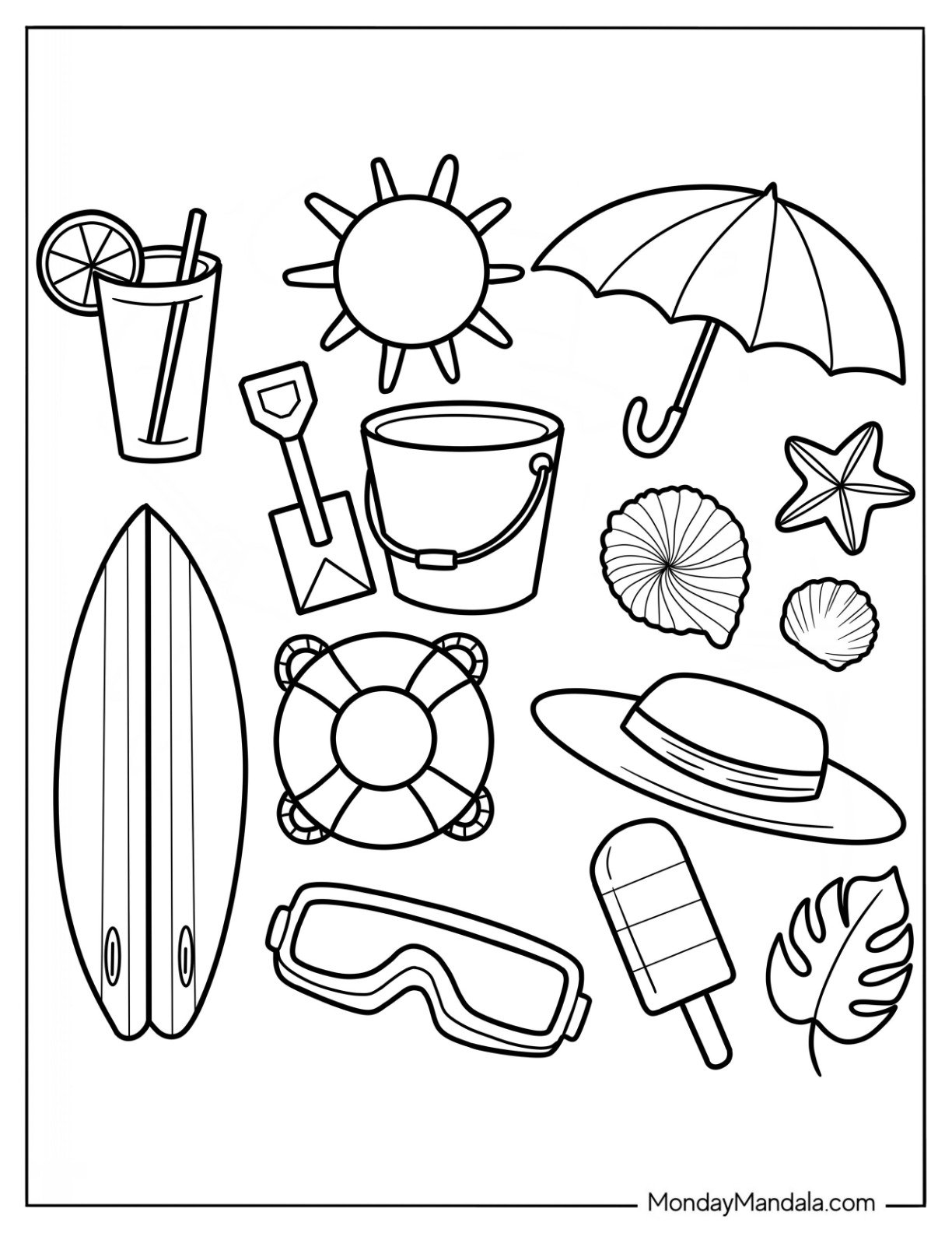 Summer Coloring Page Surf Board, Goggles, Popsicle, Hat, Seashell, Bucket, Drink, Sun, And Umbrella