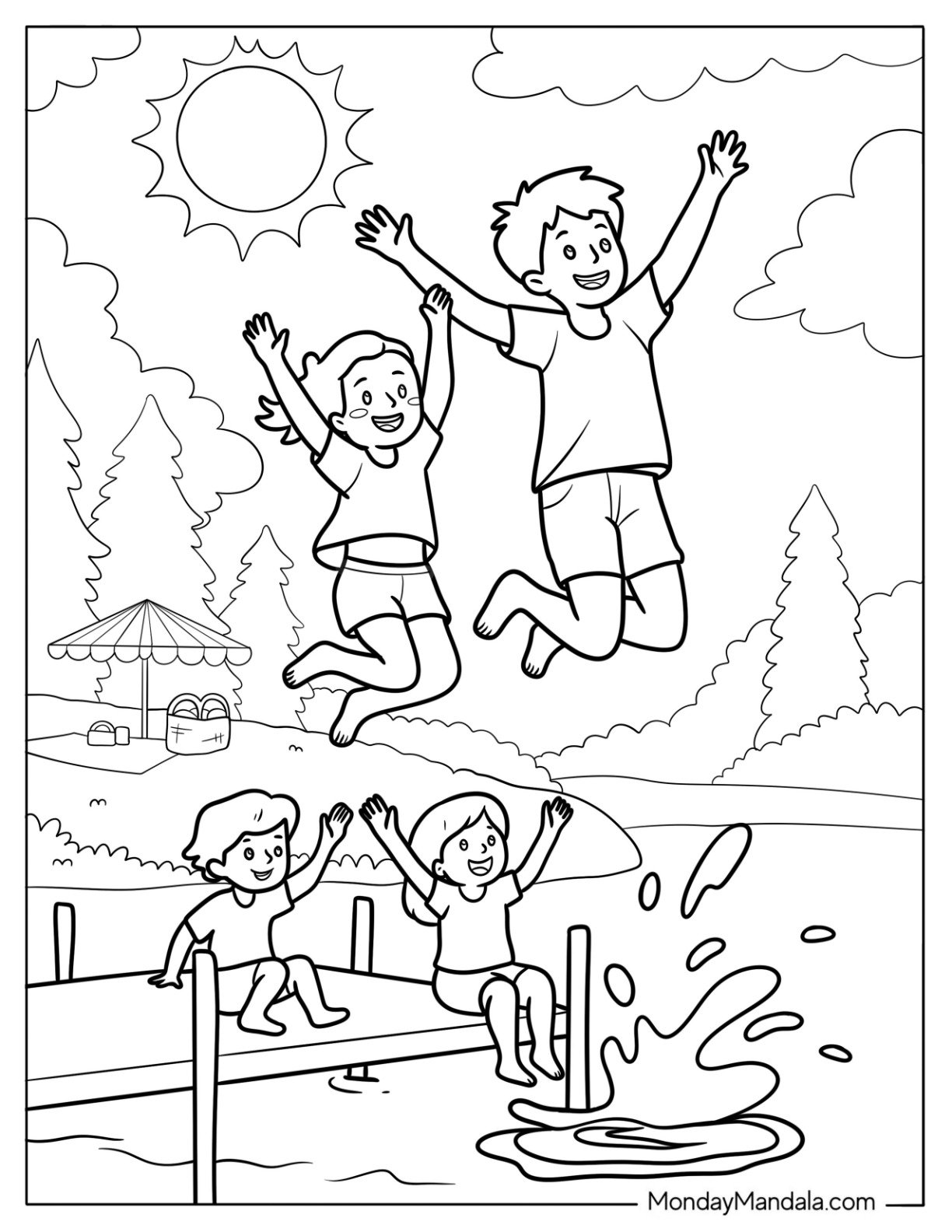 Sunny Summer Coloring Page Day with Happy Children Jumping into a Lake for Kids