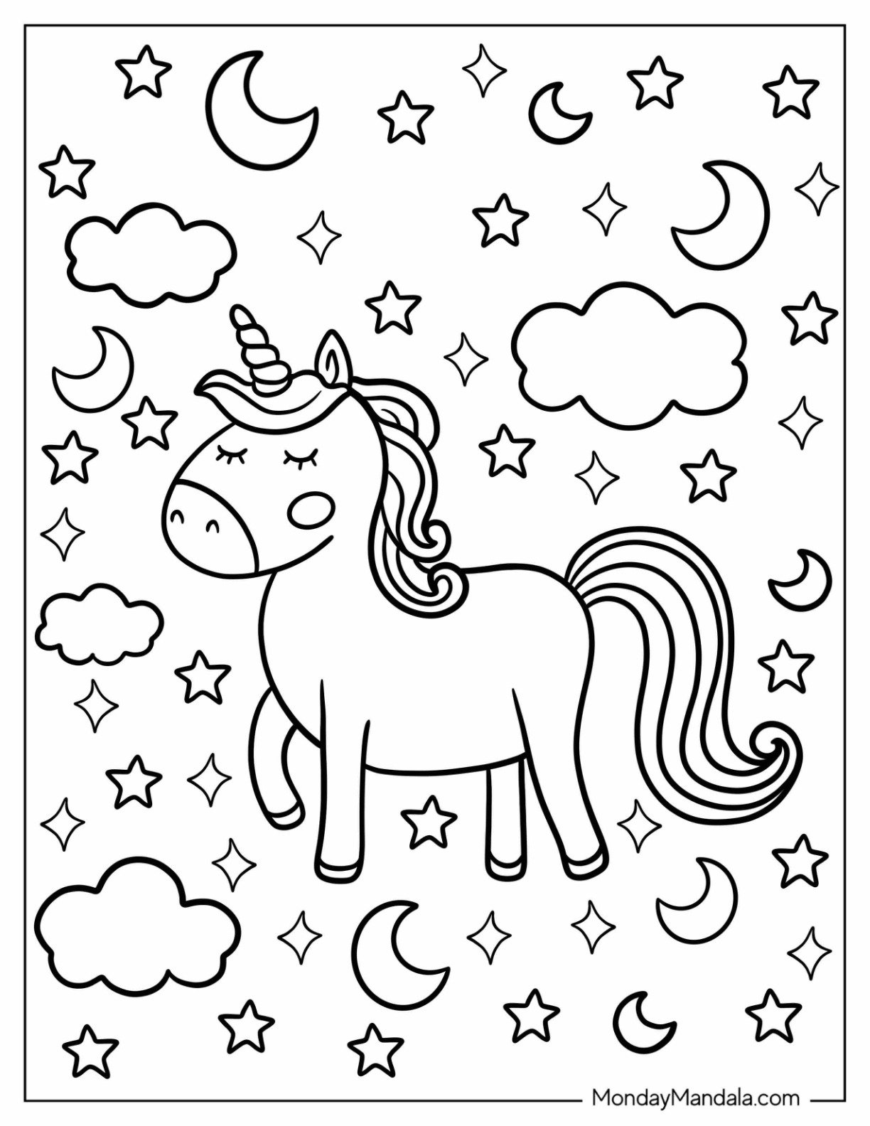 Trotting Unicorn Coloring Page In The Starry Sky With Crescent Moons
