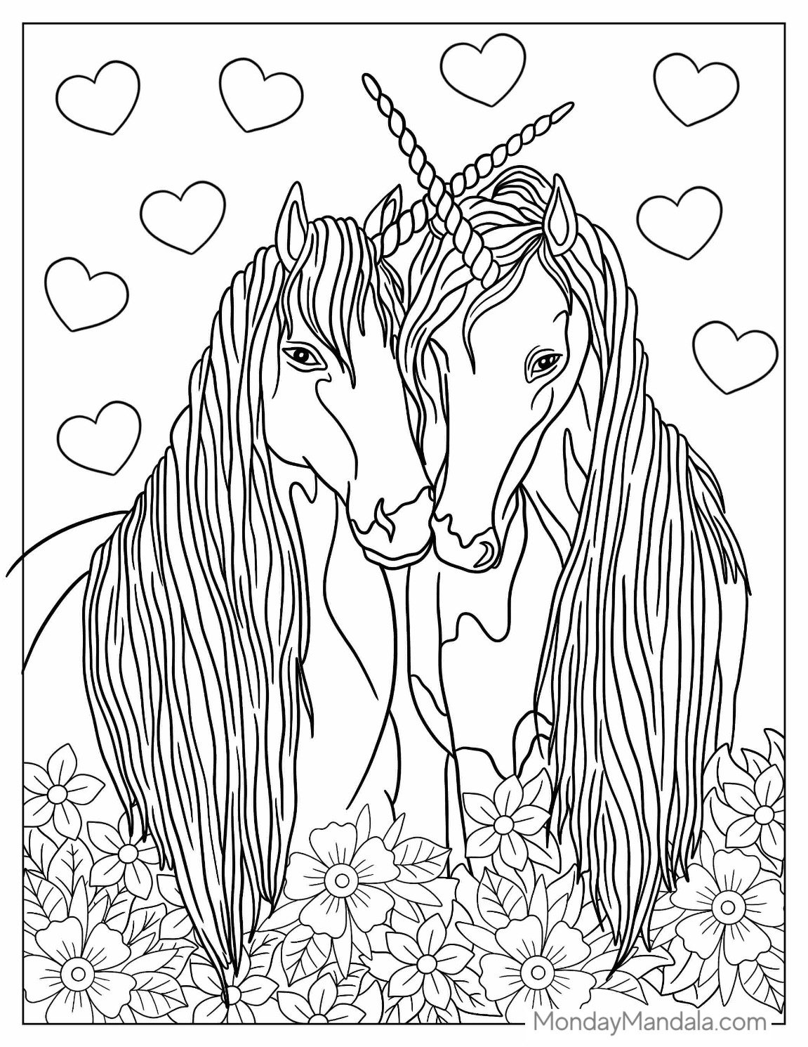 Two Detailed Unicorn Coloring Page Embracing