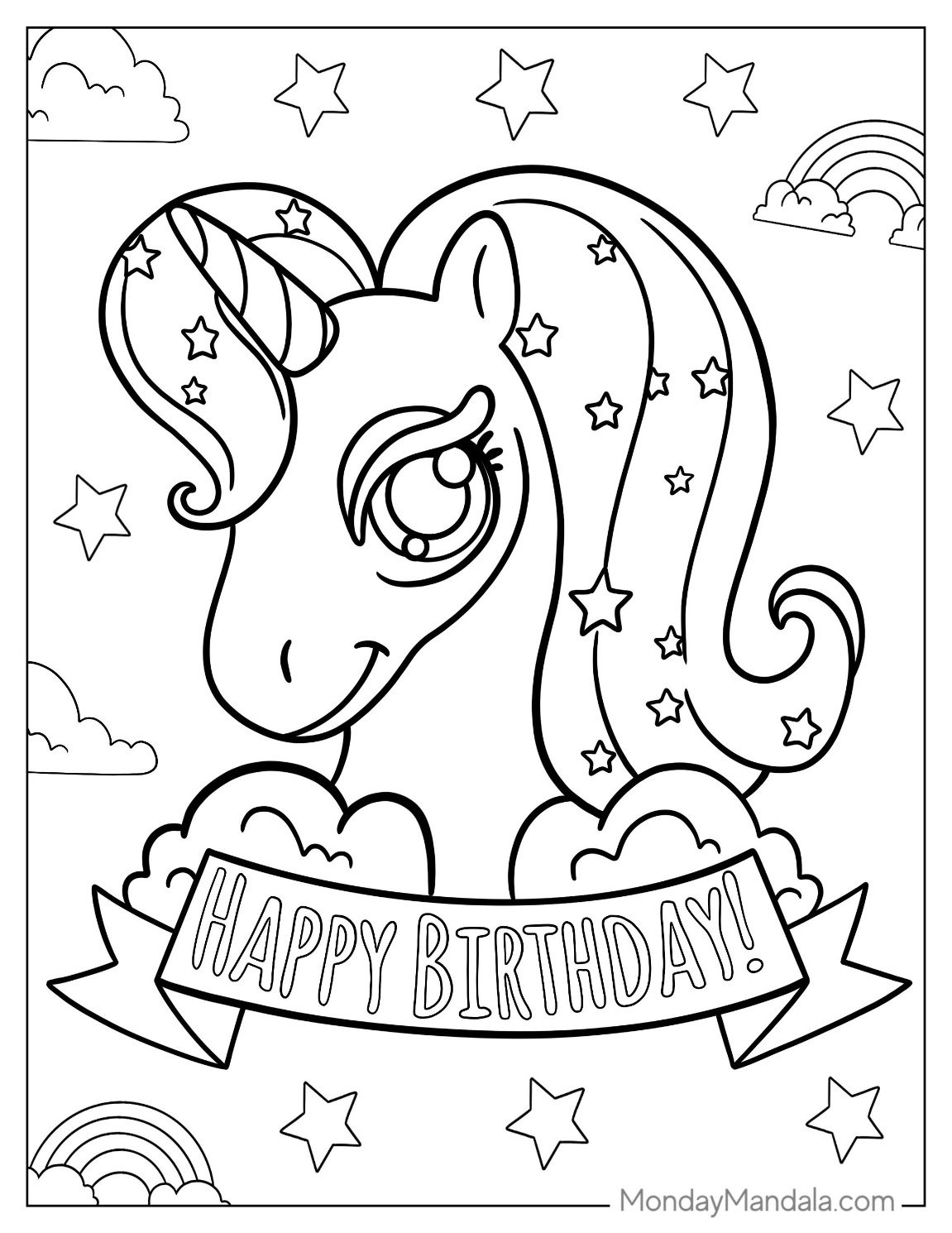Unicorn Coloring Page Happy Birthday