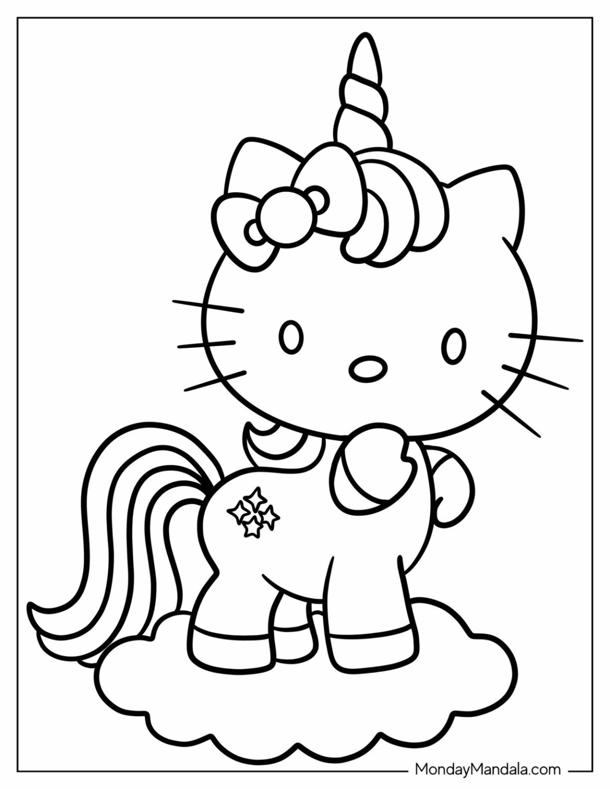 Unicorn Coloring Page Hello Kitty Standing On A Cloud For Kids