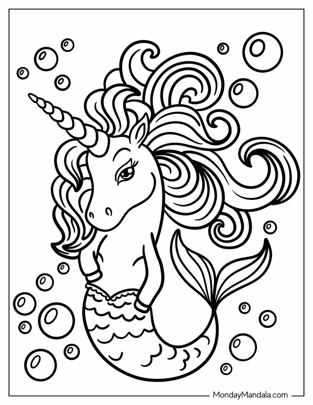 Unicorn Coloring Page Mermaid With Flowing Mane Underwater