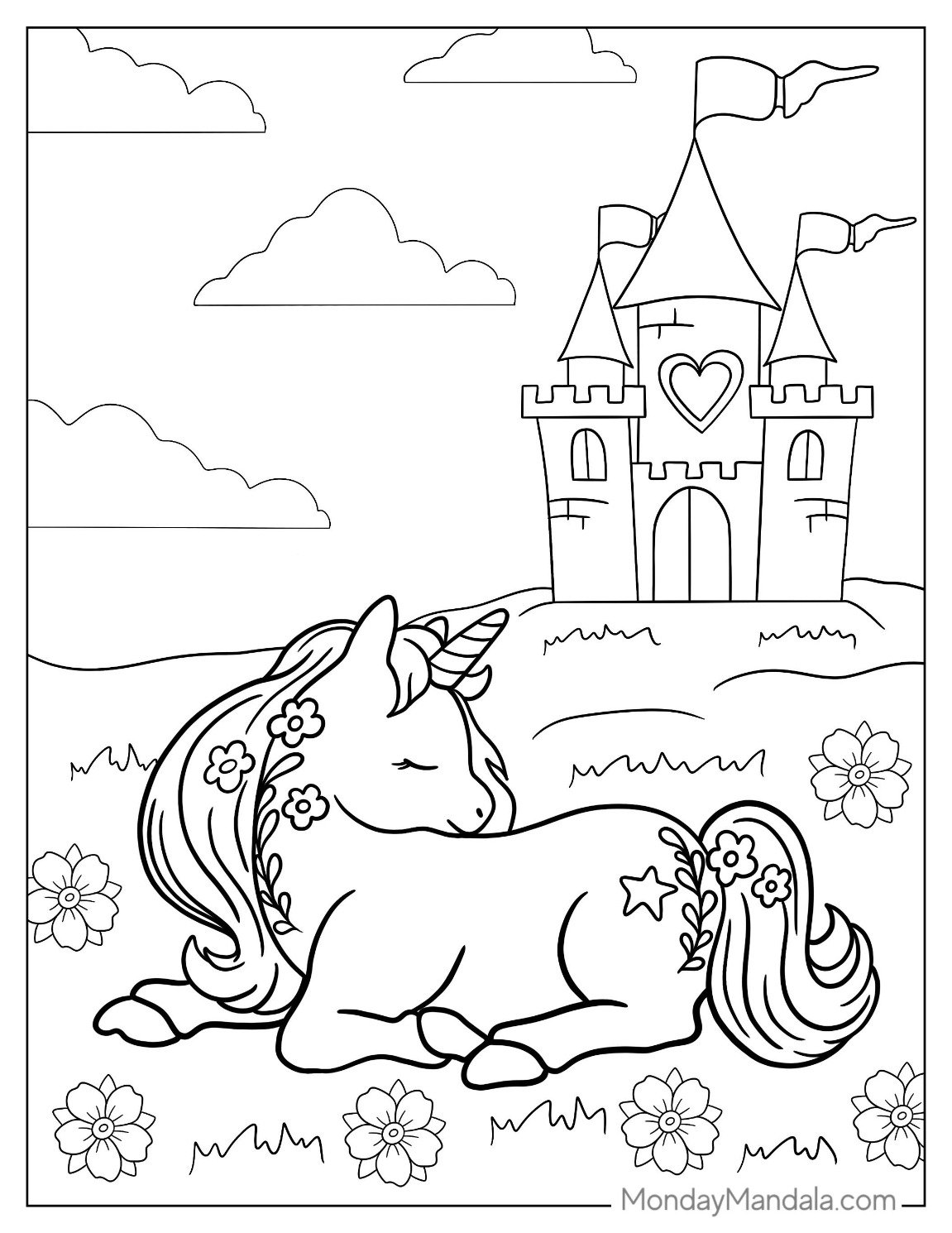 Unicorn Coloring Page Sitting In Field Of Flowers