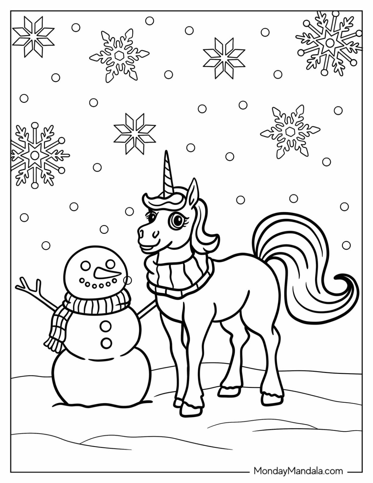 Unicorn Coloring Page Wearing A Scarf Standing Next To A Snowman