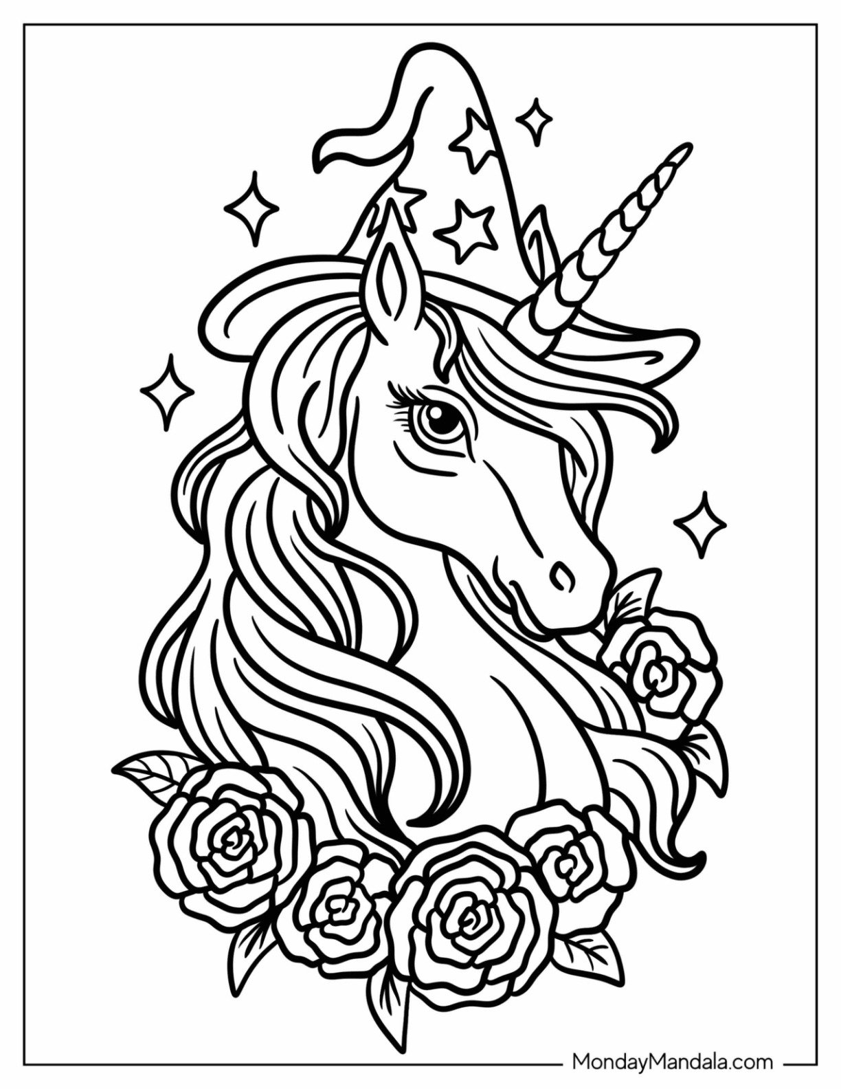 Unicorn Coloring Page Wearing A Starry Witch Hat