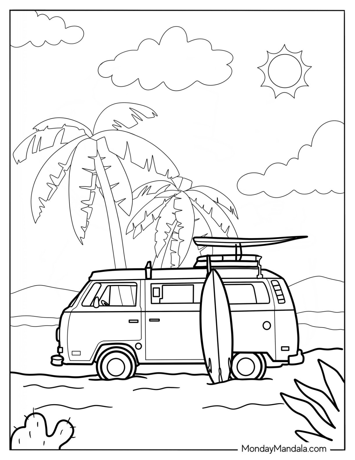 Volkswagen Van Next To A Palm Tree Summer Coloring Page