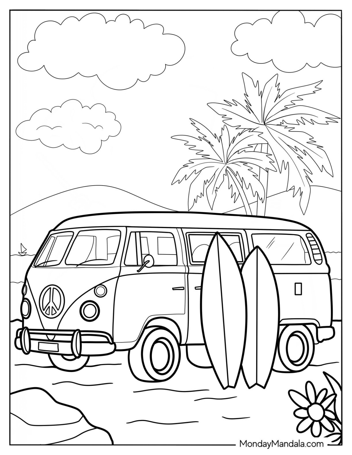 Volkswagen Van With Surfboard Summer Coloring Page