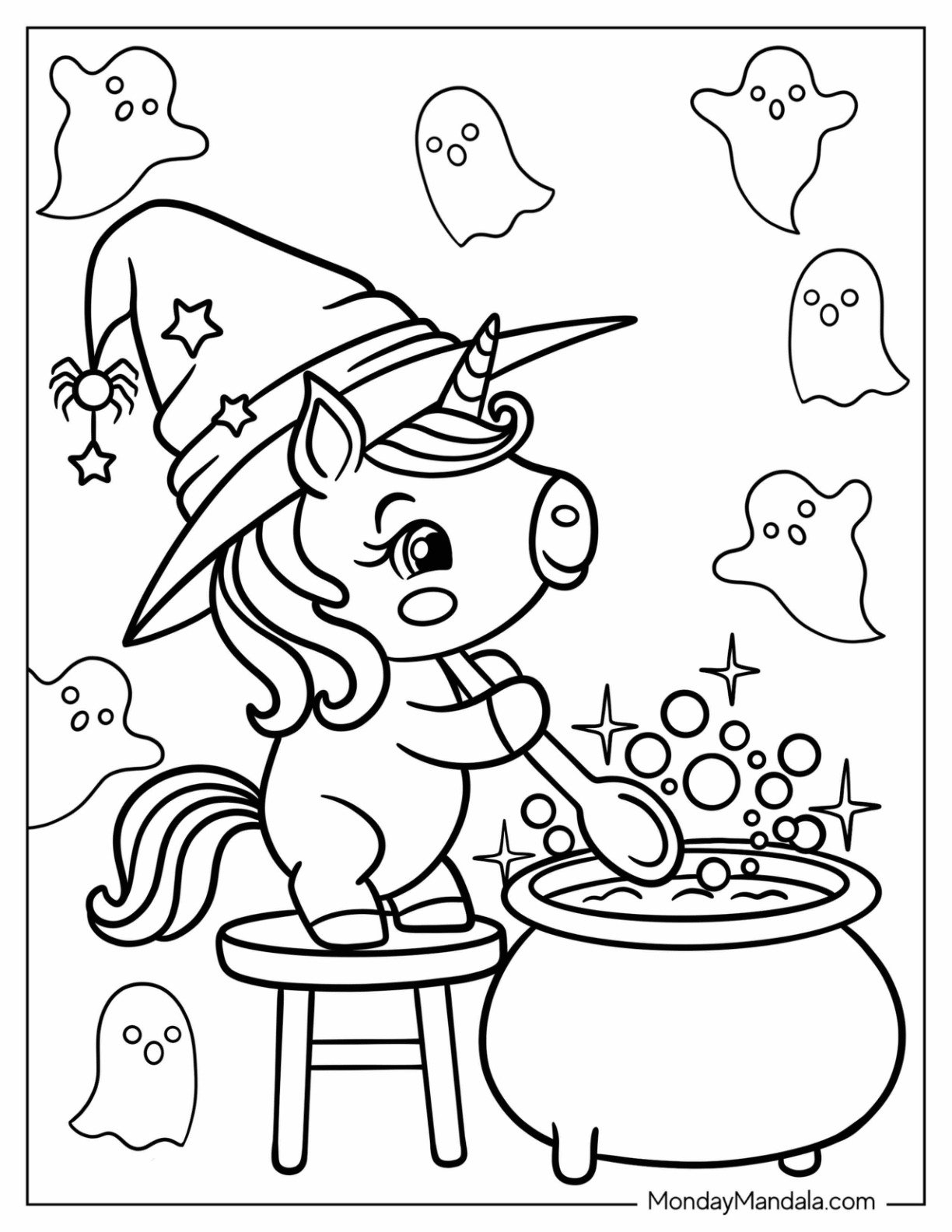 Witch Unicorn Coloring Page Stirring Cauldron For Kids