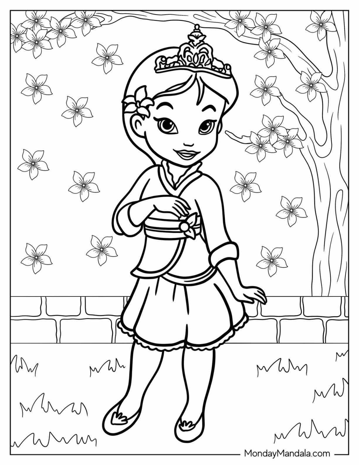 Disney Princess Coloring Page Of Young Mulan Under Cherry Blossom